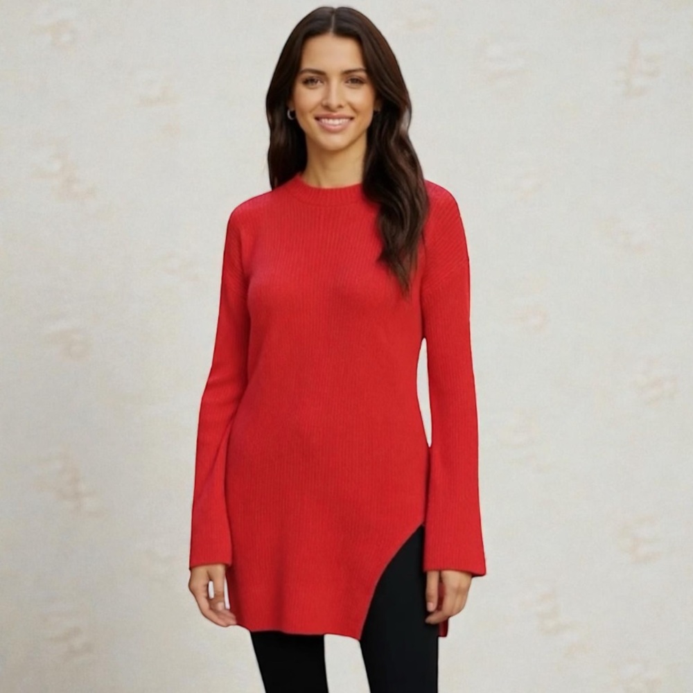 Chelsea & Violet Wool Blend Split Side Knit Tunic in Red Size Large